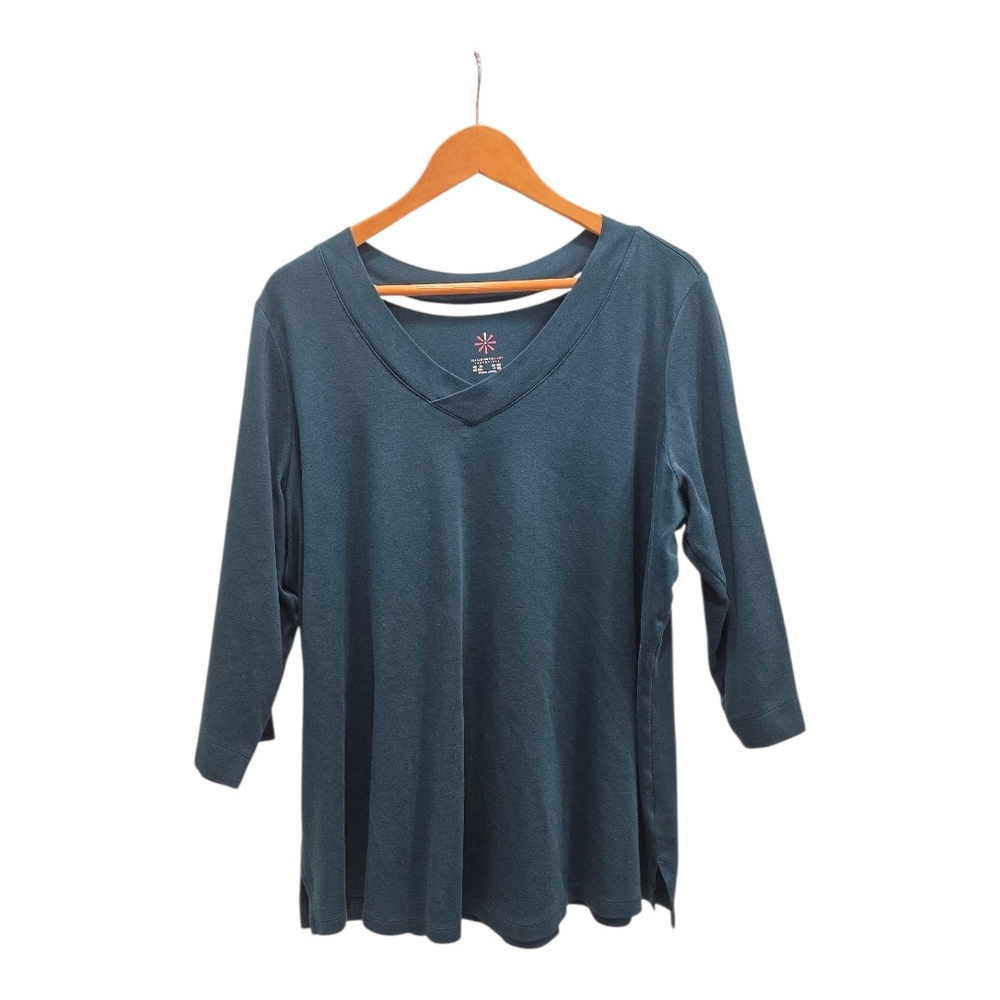 Isaac Mizrahi Teal 3/4 Sleeve V-Neck Top